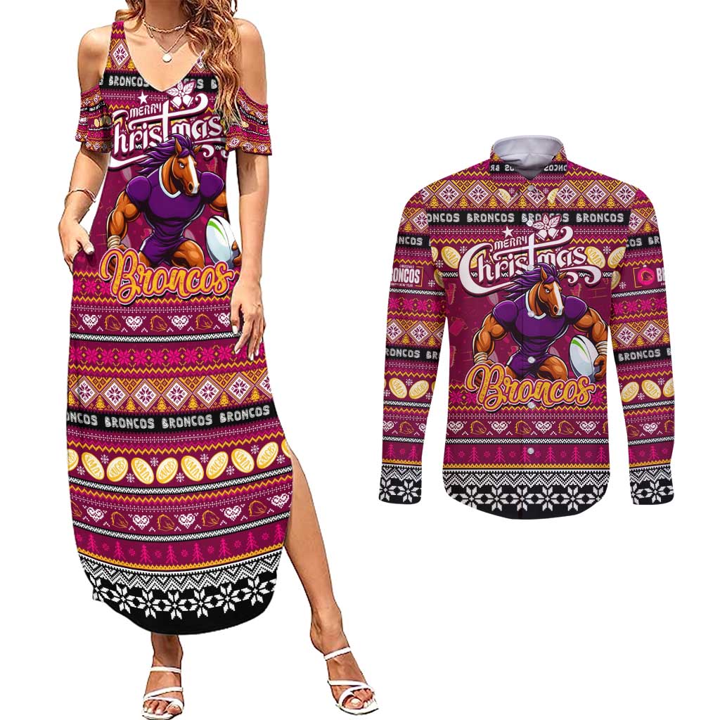 Personalized Broncos Rugby Xmas Couples Matching Summer Maxi Dress and Long Sleeve Button Shirt Australia NRL Mascot