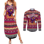 Personalized Broncos Rugby Xmas Couples Matching Summer Maxi Dress and Long Sleeve Button Shirt Australia NRL Mascot