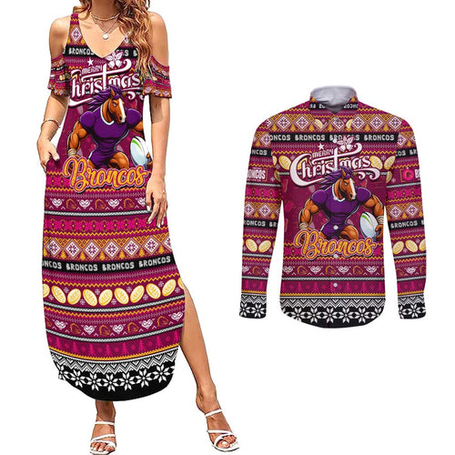Personalized Broncos Rugby Xmas Couples Matching Summer Maxi Dress and Long Sleeve Button Shirt Australia NRL Mascot