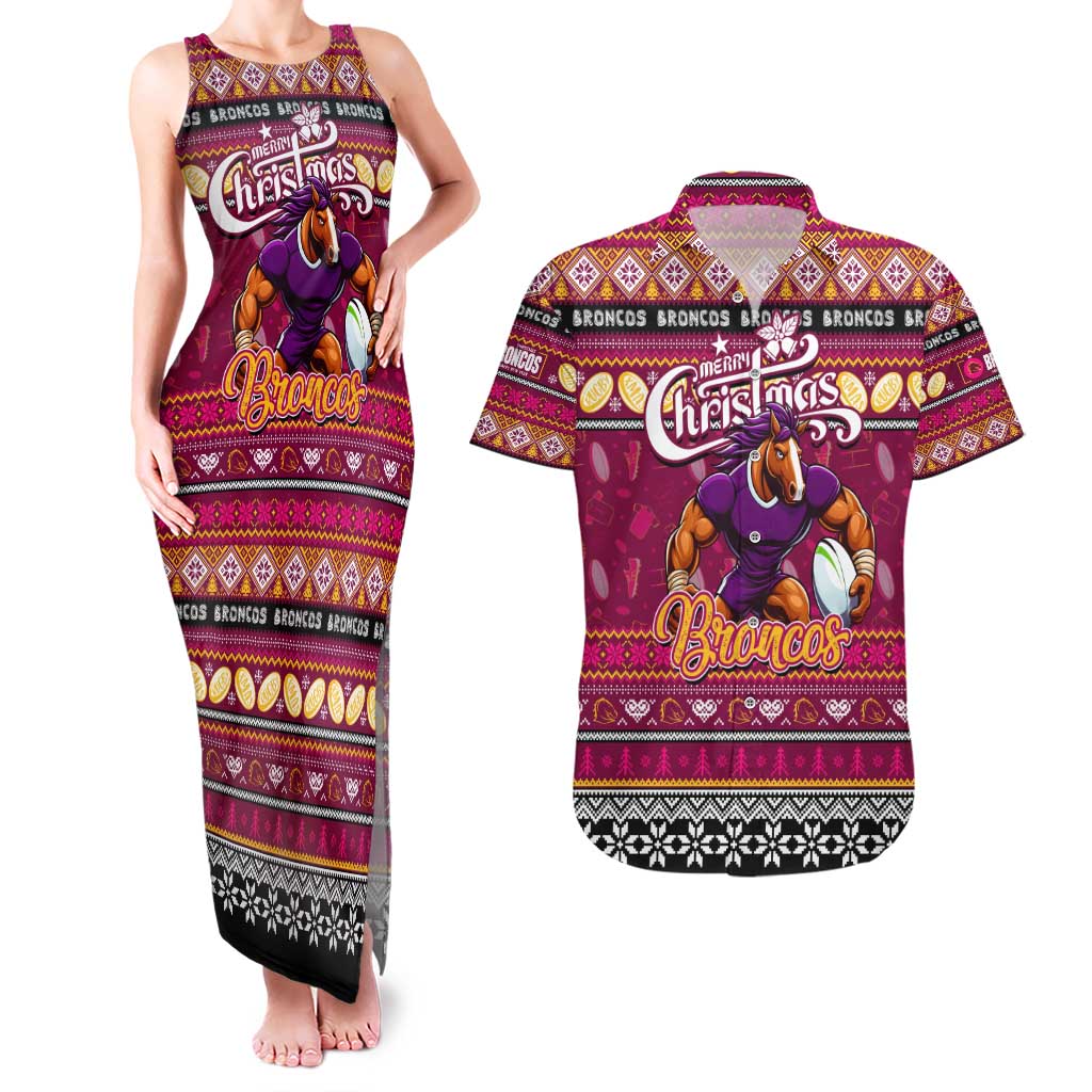 Personalized Broncos Rugby Xmas Couples Matching Tank Maxi Dress and Hawaiian Shirt Australia NRL Mascot