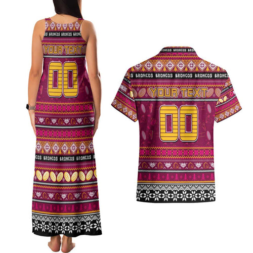 Personalized Broncos Rugby Xmas Couples Matching Tank Maxi Dress and Hawaiian Shirt Australia NRL Mascot