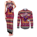 Personalized Broncos Rugby Xmas Couples Matching Tank Maxi Dress and Long Sleeve Button Shirt Australia NRL Mascot
