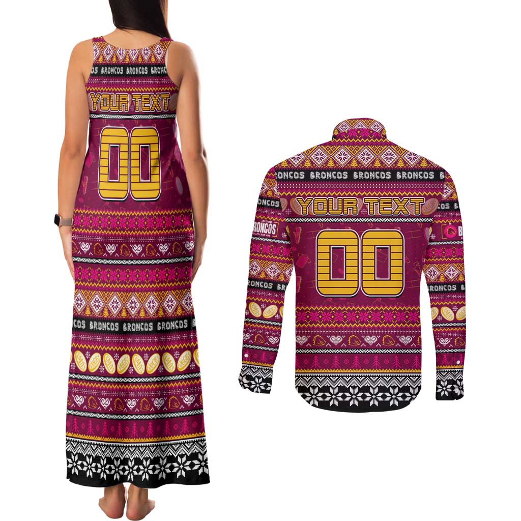 Personalized Broncos Rugby Xmas Couples Matching Tank Maxi Dress and Long Sleeve Button Shirt Australia NRL Mascot