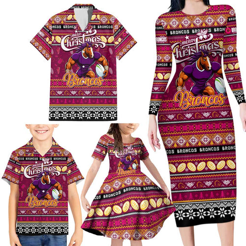 Personalized Broncos Rugby Xmas Family Matching Long Sleeve Bodycon Dress and Hawaiian Shirt Australia NRL Mascot
