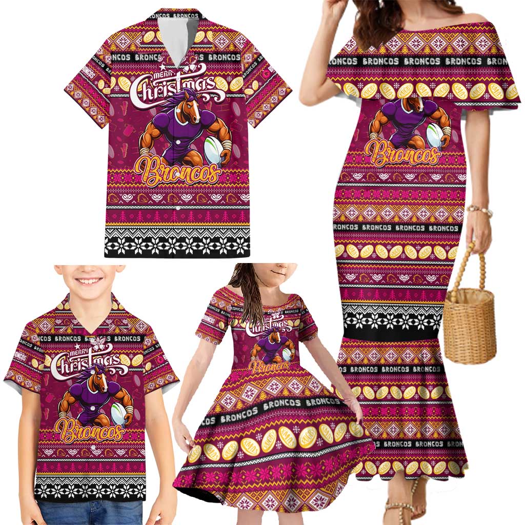 Personalized Broncos Rugby Xmas Family Matching Mermaid Dress and Hawaiian Shirt Australia NRL Mascot