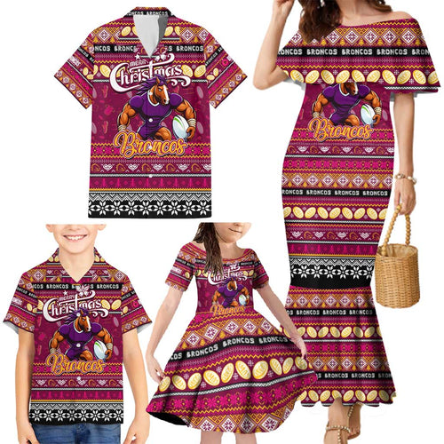 Personalized Broncos Rugby Xmas Family Matching Mermaid Dress and Hawaiian Shirt Australia NRL Mascot