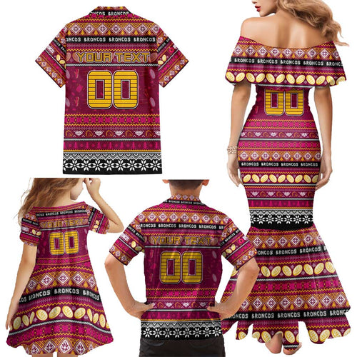 Personalized Broncos Rugby Xmas Family Matching Mermaid Dress and Hawaiian Shirt Australia NRL Mascot
