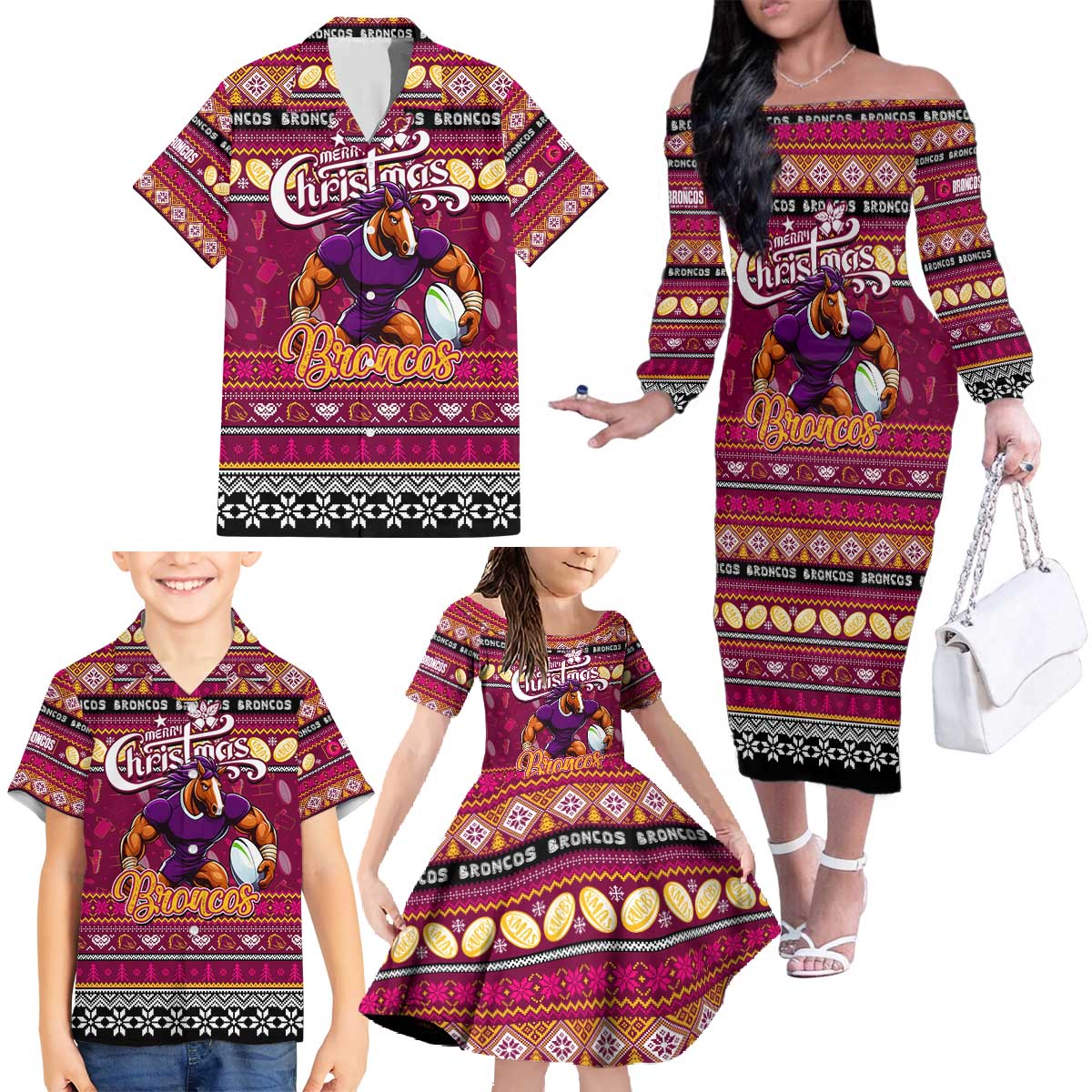 Personalized Broncos Rugby Xmas Family Matching Off The Shoulder Long Sleeve Dress and Hawaiian Shirt Australia NRL Mascot