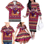 Personalized Broncos Rugby Xmas Family Matching Off The Shoulder Long Sleeve Dress and Hawaiian Shirt Australia NRL Mascot