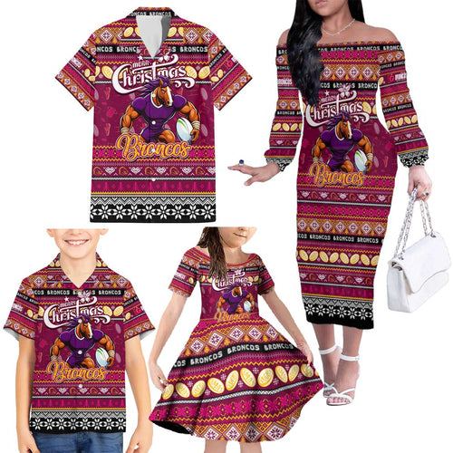 Personalized Broncos Rugby Xmas Family Matching Off The Shoulder Long Sleeve Dress and Hawaiian Shirt Australia NRL Mascot