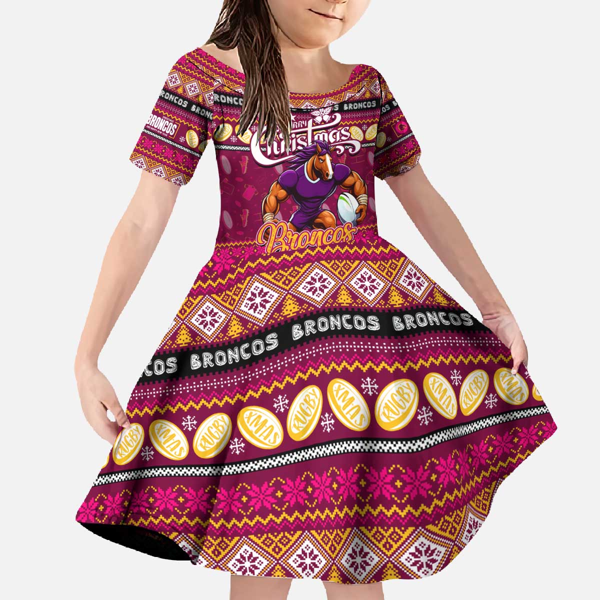 Personalized Broncos Rugby Xmas Family Matching Off The Shoulder Long Sleeve Dress and Hawaiian Shirt Australia NRL Mascot