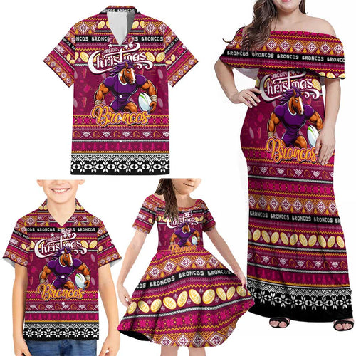 Personalized Broncos Rugby Xmas Family Matching Off Shoulder Maxi Dress and Hawaiian Shirt Australia NRL Mascot