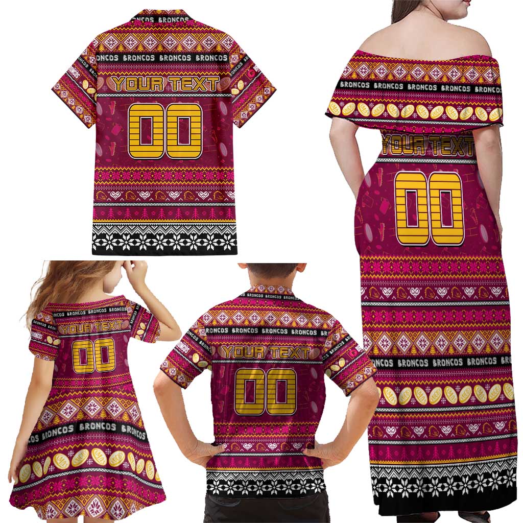 Personalized Broncos Rugby Xmas Family Matching Off Shoulder Maxi Dress and Hawaiian Shirt Australia NRL Mascot