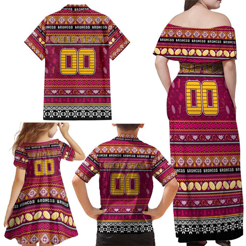 Personalized Broncos Rugby Xmas Family Matching Off Shoulder Maxi Dress and Hawaiian Shirt Australia NRL Mascot