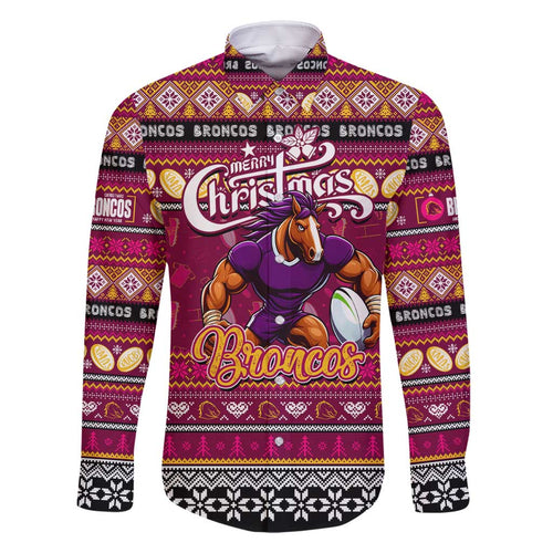 Personalized Broncos Rugby Xmas Family Matching Off Shoulder Maxi Dress and Hawaiian Shirt Australia NRL Mascot