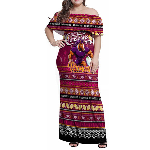 Personalized Broncos Rugby Xmas Family Matching Off Shoulder Maxi Dress and Hawaiian Shirt Australia NRL Mascot