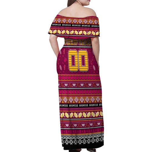 Personalized Broncos Rugby Xmas Family Matching Off Shoulder Maxi Dress and Hawaiian Shirt Australia NRL Mascot