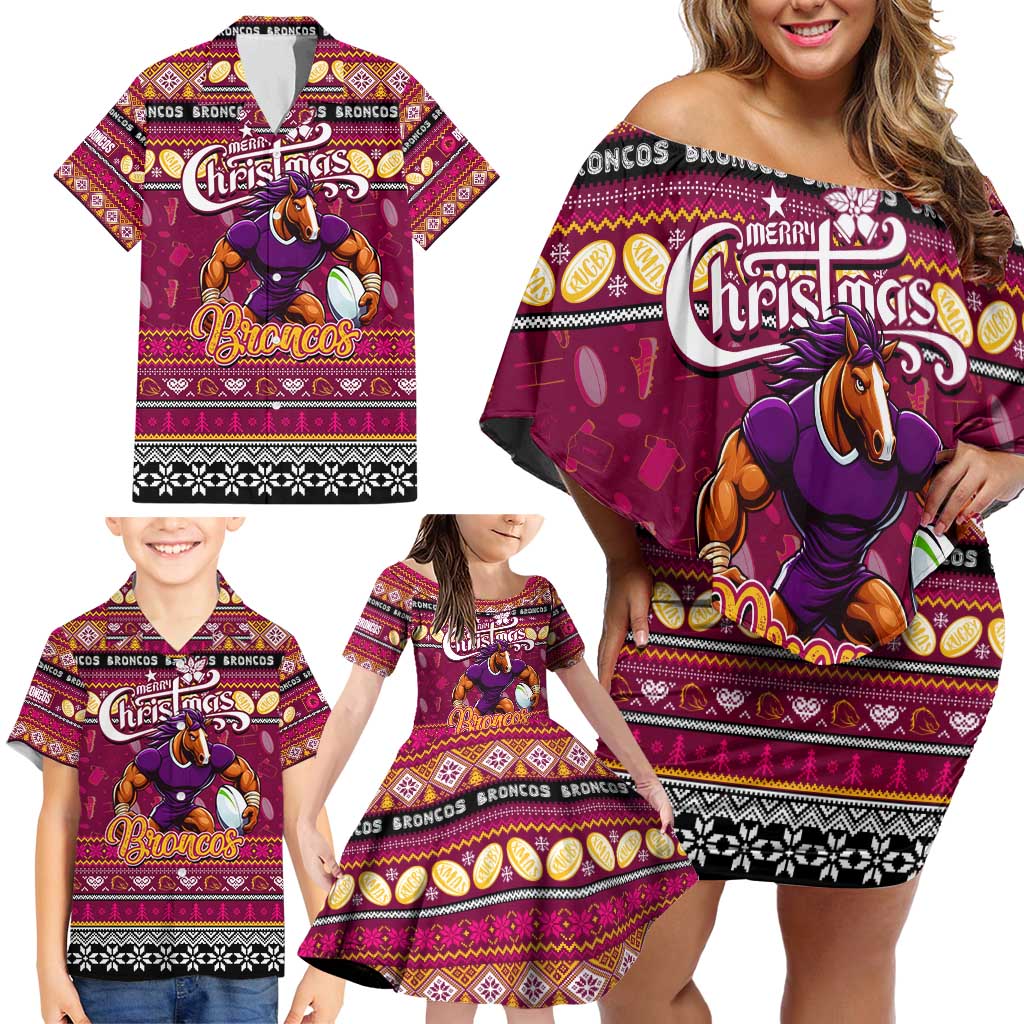 Personalized Broncos Rugby Xmas Family Matching Off Shoulder Short Dress and Hawaiian Shirt Australia NRL Mascot
