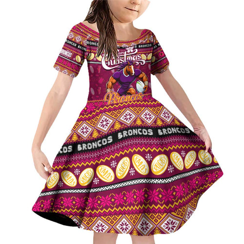 Personalized Broncos Rugby Xmas Family Matching Off Shoulder Short Dress and Hawaiian Shirt Australia NRL Mascot