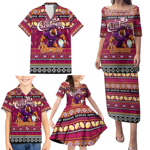 Personalized Broncos Rugby Xmas Family Matching Puletasi and Hawaiian Shirt Australia NRL Mascot