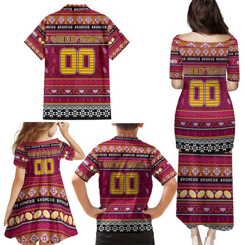 Personalized Broncos Rugby Xmas Family Matching Puletasi and Hawaiian Shirt Australia NRL Mascot