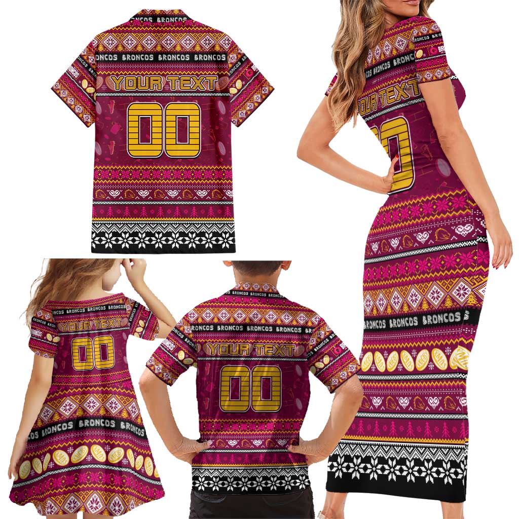 Personalized Broncos Rugby Xmas Family Matching Short Sleeve Bodycon Dress and Hawaiian Shirt Australia NRL Mascot
