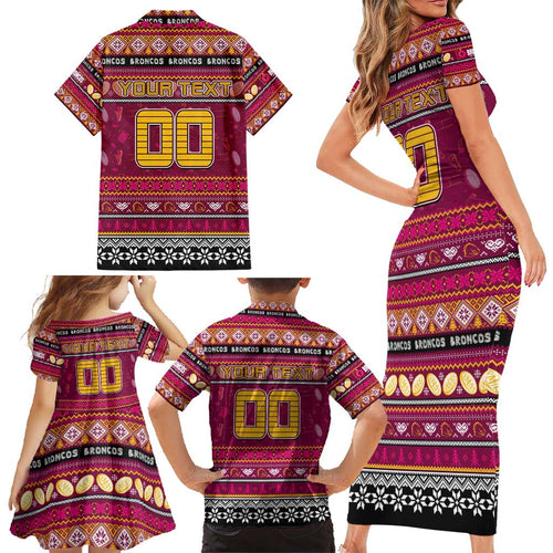 Personalized Broncos Rugby Xmas Family Matching Short Sleeve Bodycon Dress and Hawaiian Shirt Australia NRL Mascot