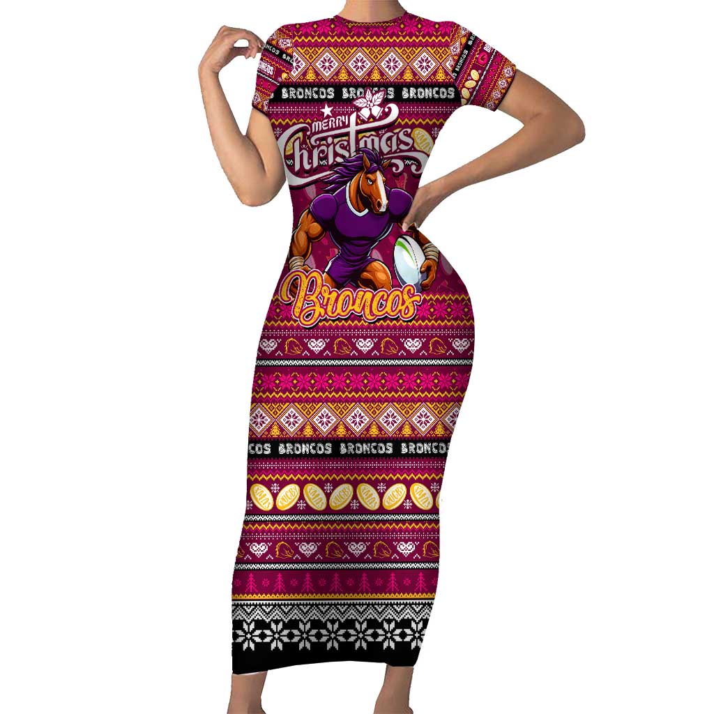 Personalized Broncos Rugby Xmas Family Matching Short Sleeve Bodycon Dress and Hawaiian Shirt Australia NRL Mascot