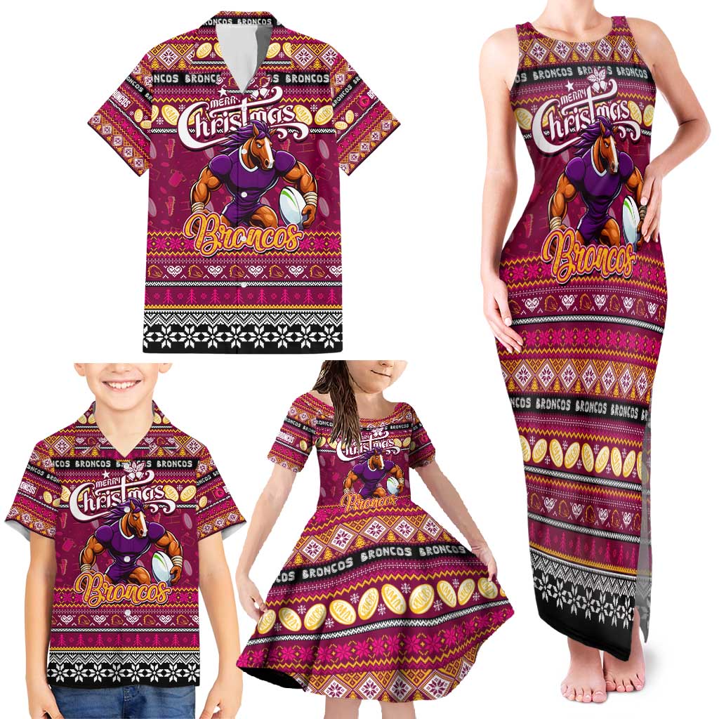 Personalized Broncos Rugby Xmas Family Matching Tank Maxi Dress and Hawaiian Shirt Australia NRL Mascot