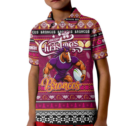 Personalized Broncos Rugby Xmas Kid Polo Shirt Australia NRL Mascot