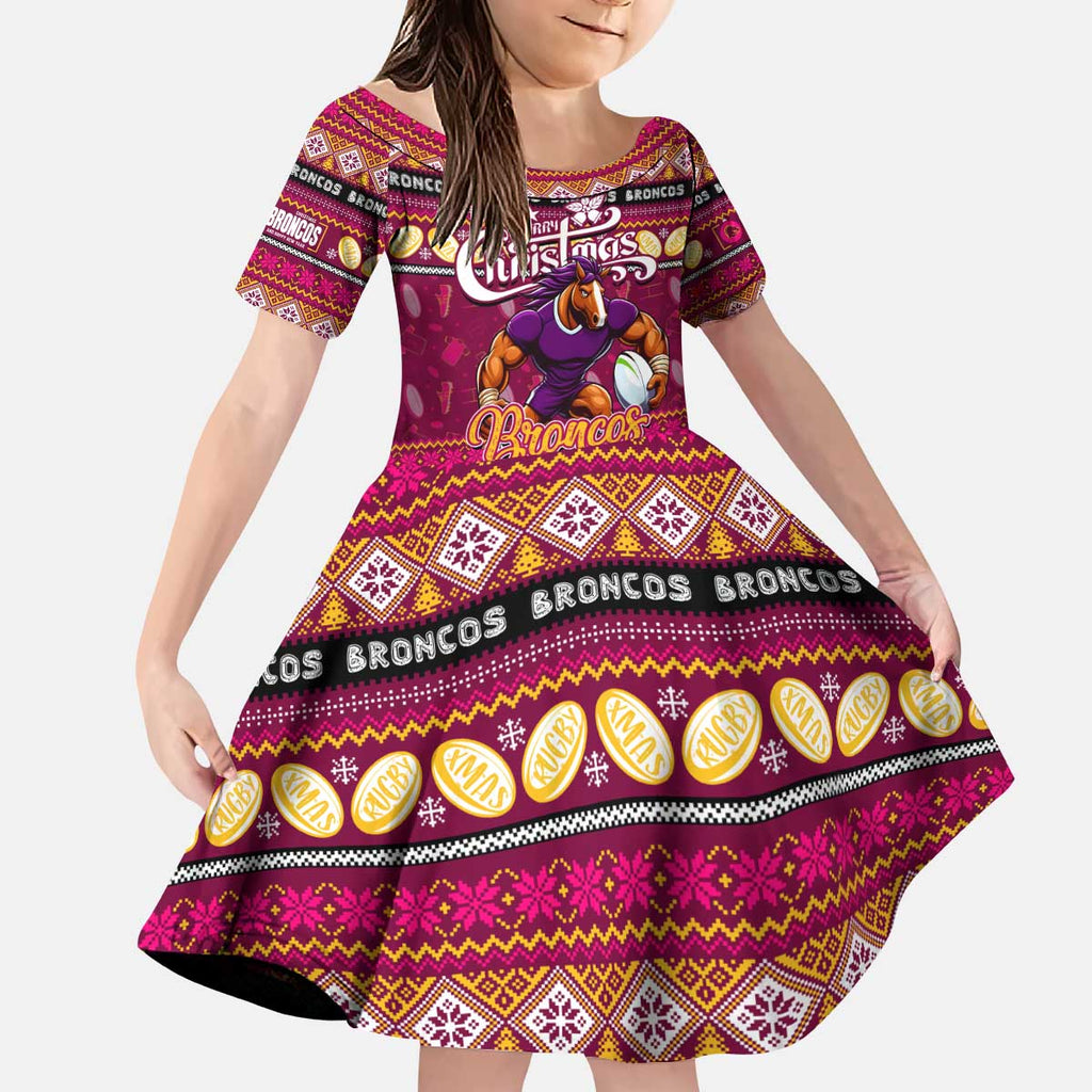 Personalized Broncos Rugby Xmas Kid Short Sleeve Dress Australia NRL Mascot