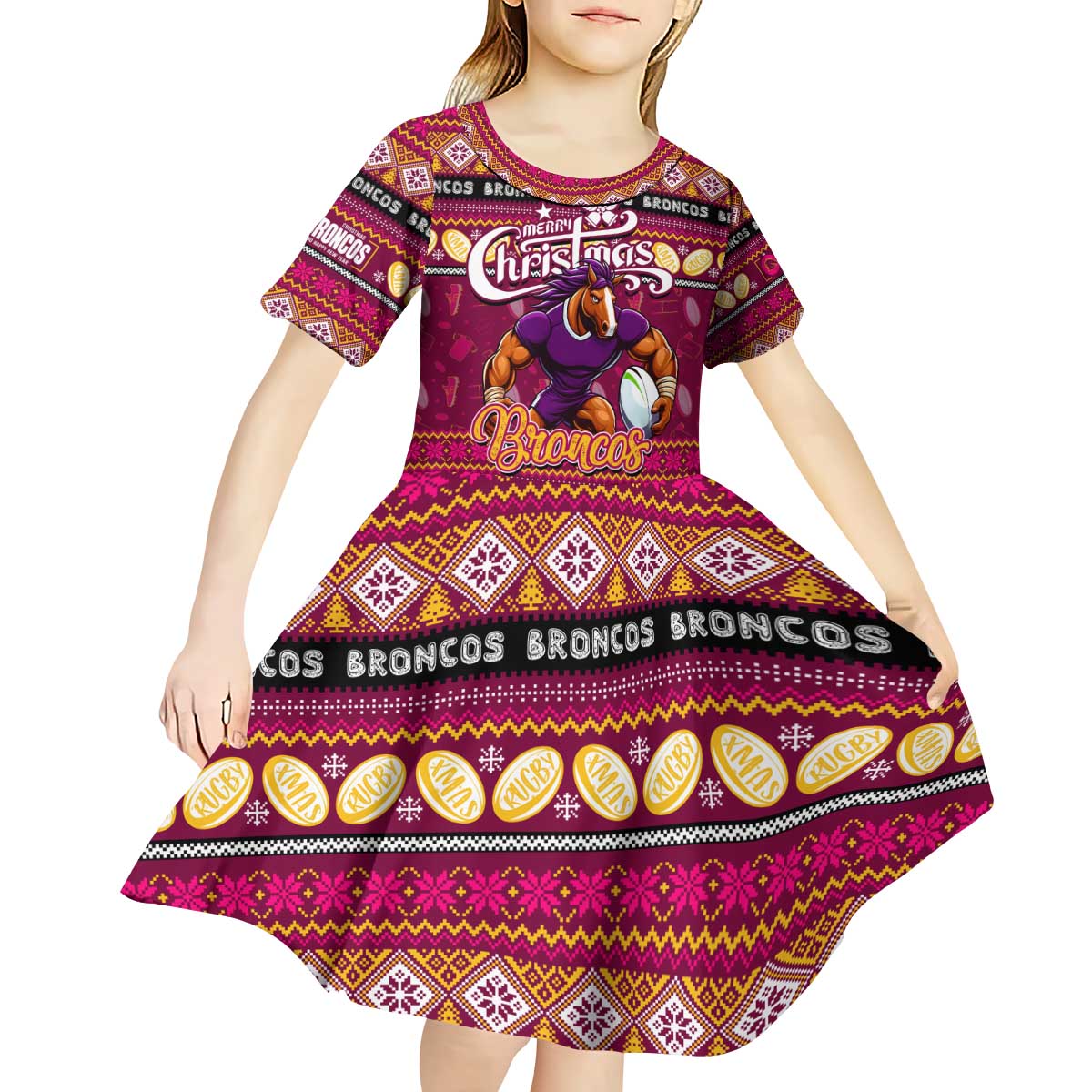 Personalized Broncos Rugby Xmas Kid Short Sleeve Dress Australia NRL Mascot