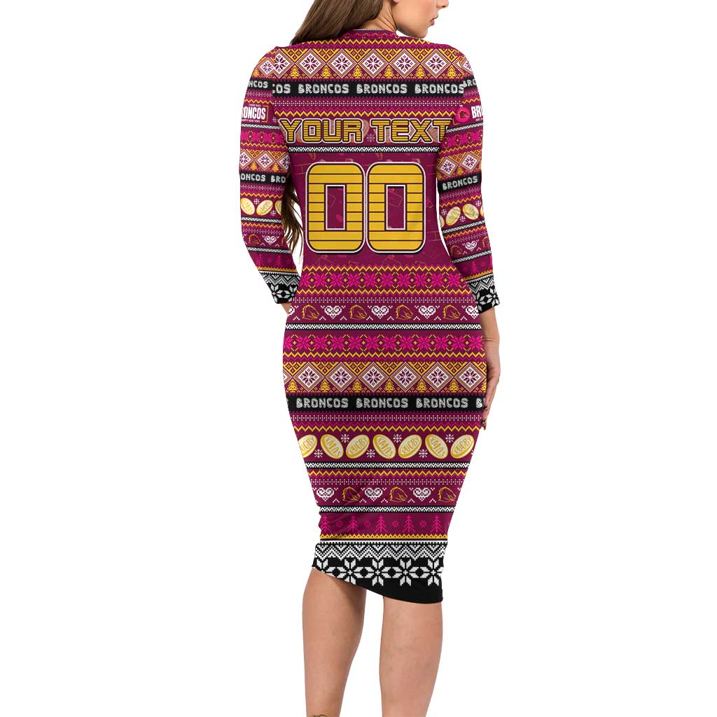 Personalized Broncos Rugby Xmas Long Sleeve Bodycon Dress Australia NRL Mascot