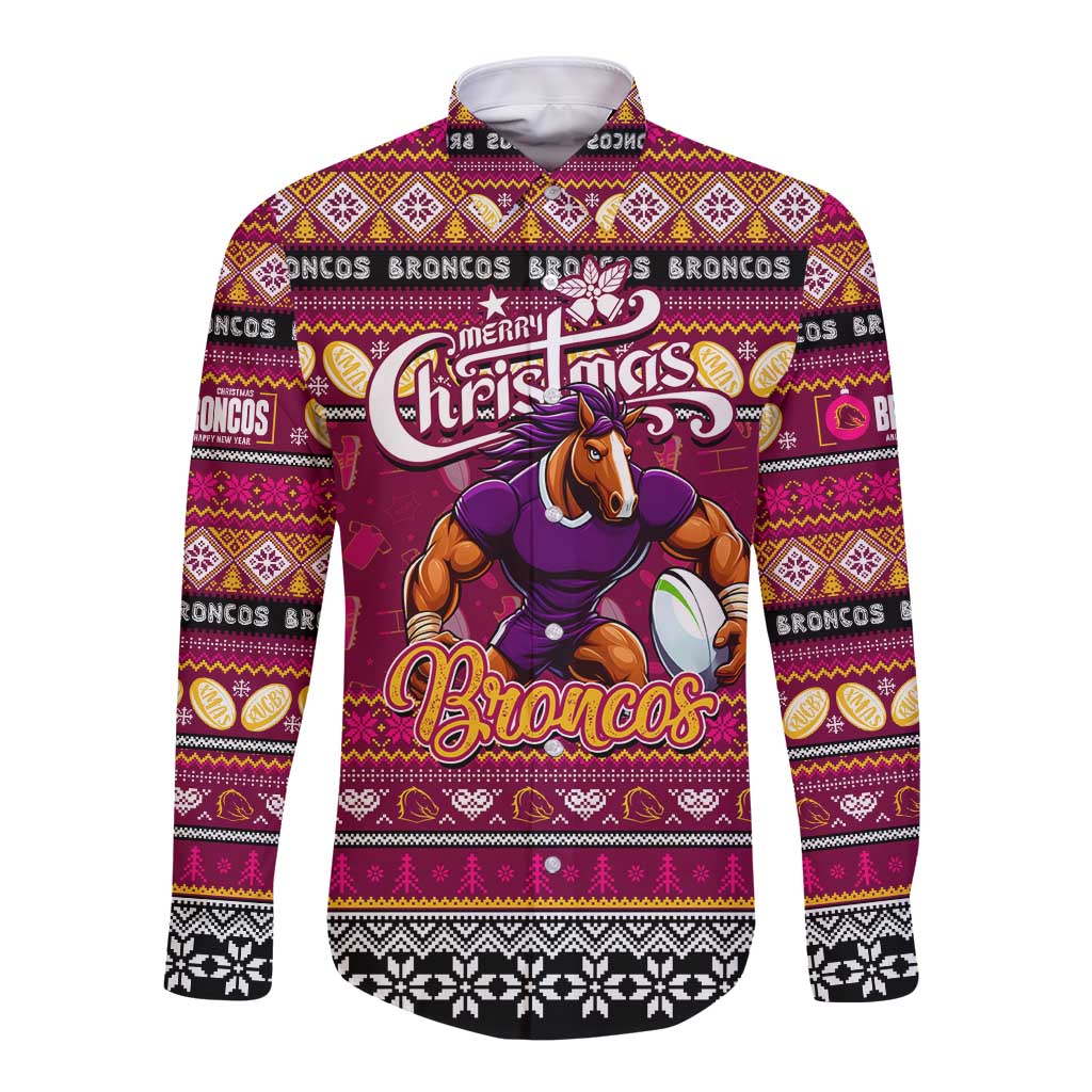 Personalized Broncos Rugby Xmas Long Sleeve Button Shirt Australia NRL Mascot