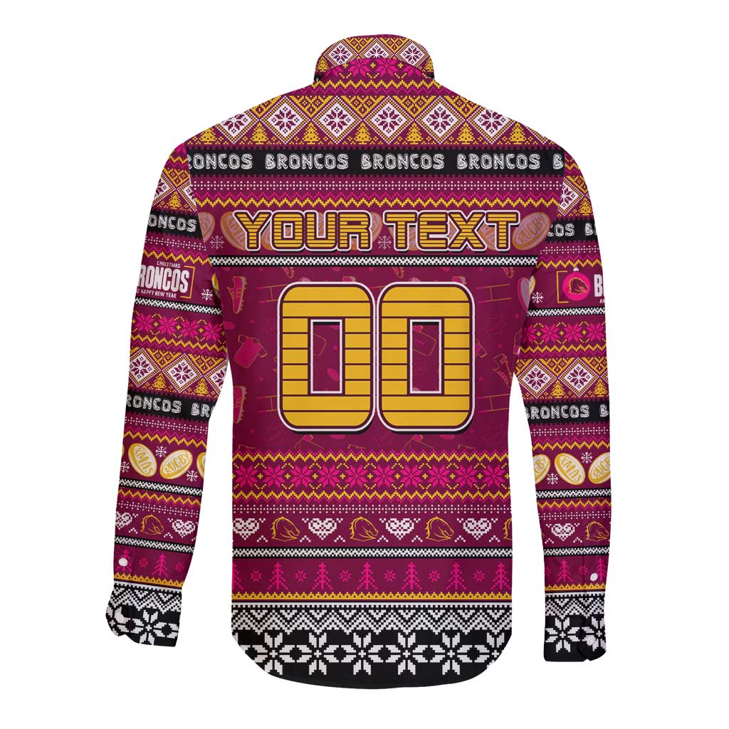 Personalized Broncos Rugby Xmas Long Sleeve Button Shirt Australia NRL Mascot