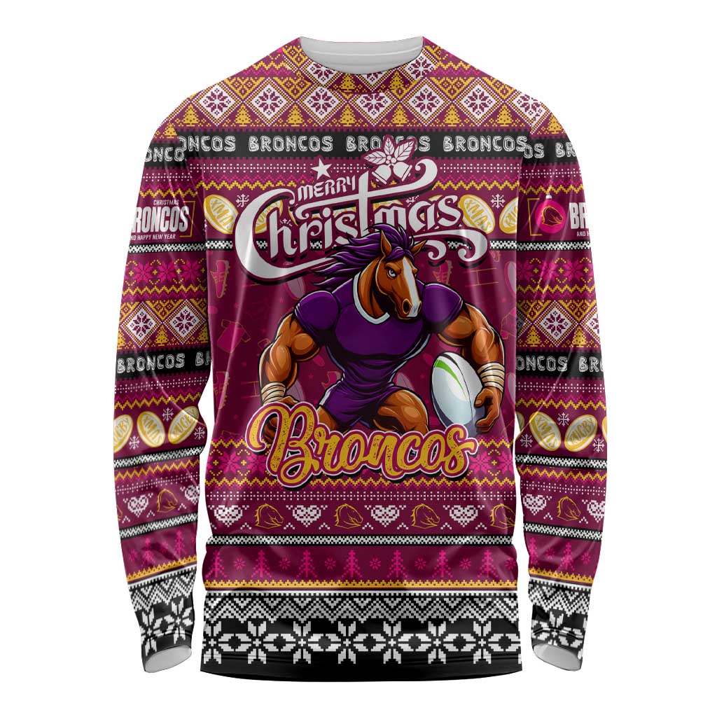 Personalized Broncos Rugby Xmas Long Sleeve Shirt Australia NRL Mascot