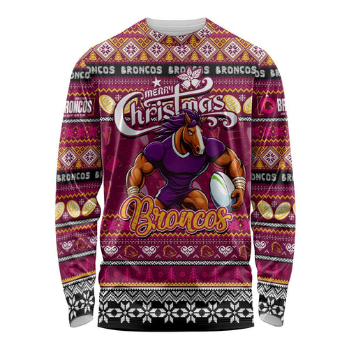 Personalized Broncos Rugby Xmas Long Sleeve Shirt Australia NRL Mascot