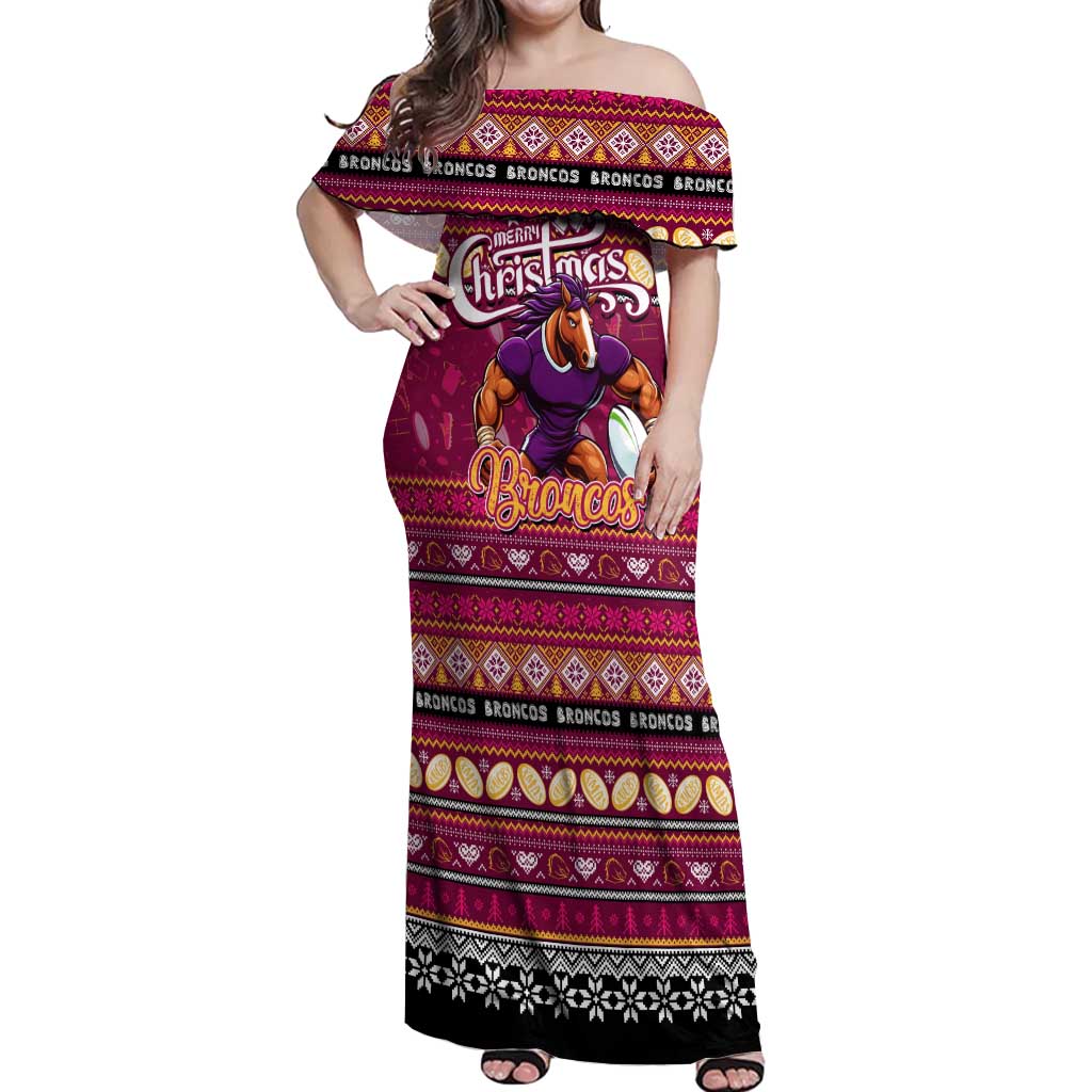 Personalized Broncos Rugby Xmas Off Shoulder Maxi Dress Australia NRL Mascot