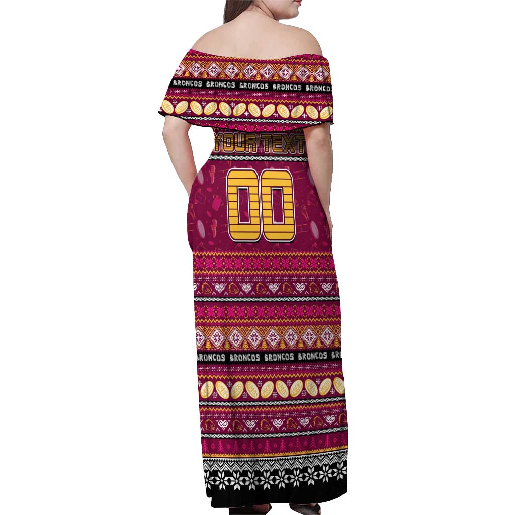 Personalized Broncos Rugby Xmas Off Shoulder Maxi Dress Australia NRL Mascot