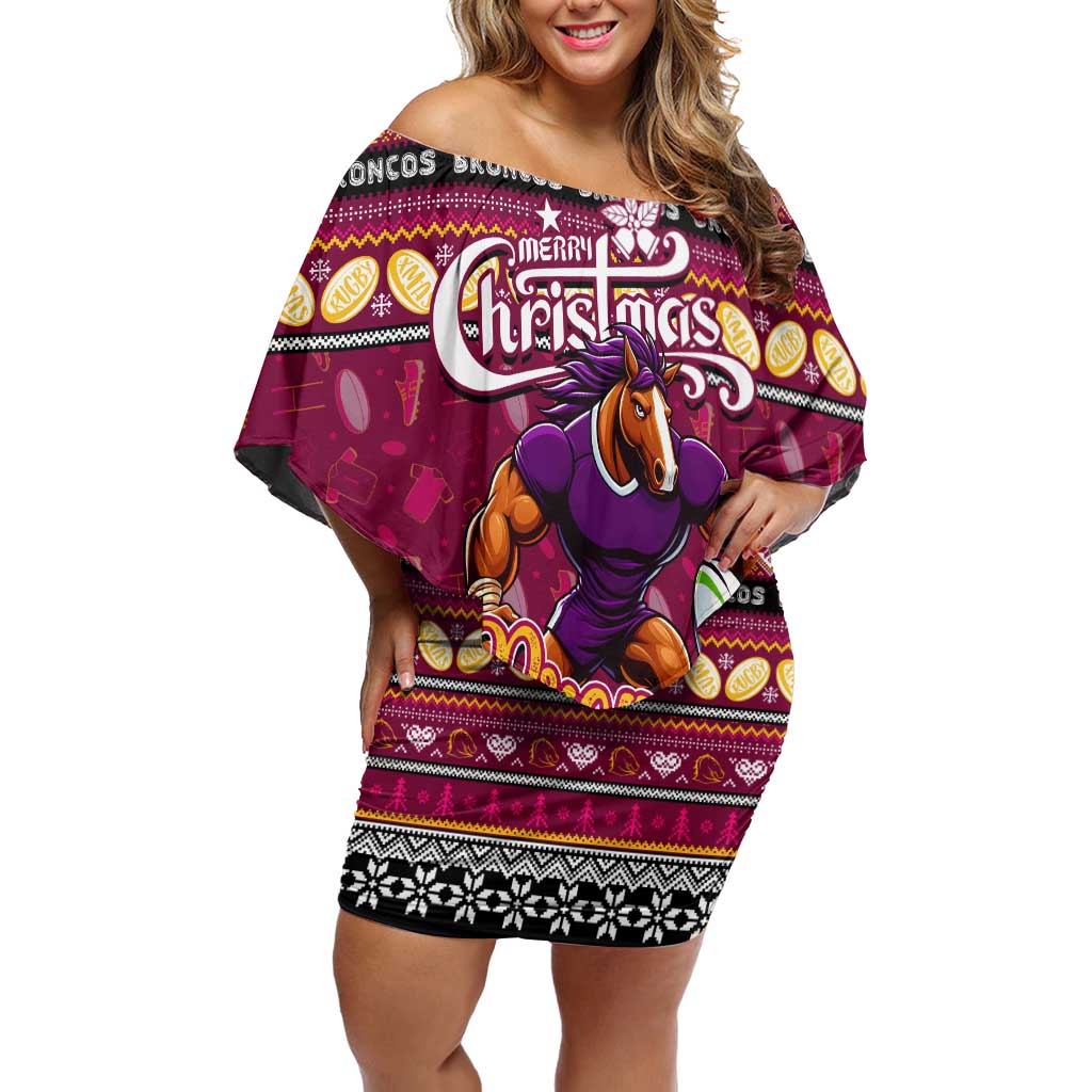 Personalized Broncos Rugby Xmas Off Shoulder Short Dress Australia NRL Mascot