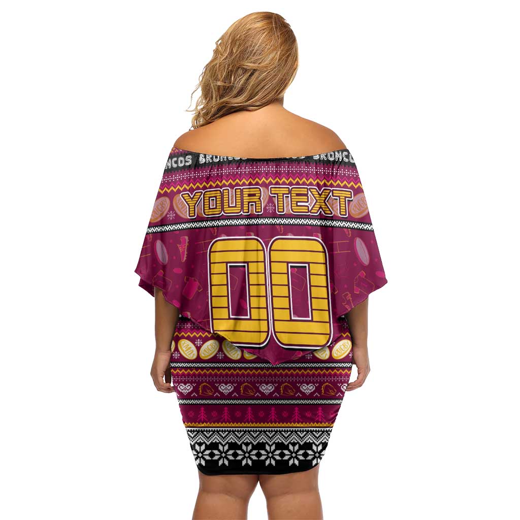 Personalized Broncos Rugby Xmas Off Shoulder Short Dress Australia NRL Mascot