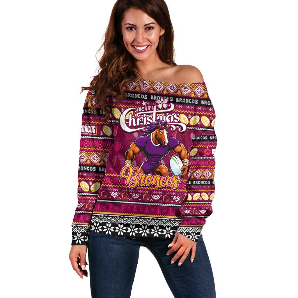 Personalized Broncos Rugby Xmas Off Shoulder Sweater Australia NRL Mascot