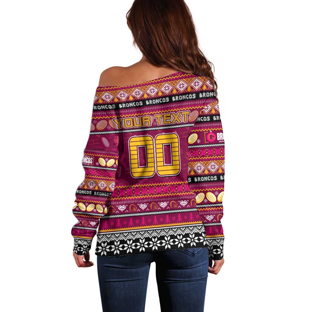 Personalized Broncos Rugby Xmas Off Shoulder Sweater Australia NRL Mascot