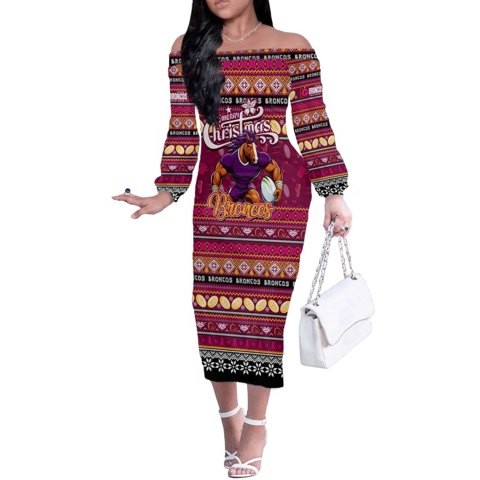 Personalized Broncos Rugby Xmas Off The Shoulder Long Sleeve Dress Australia NRL Mascot