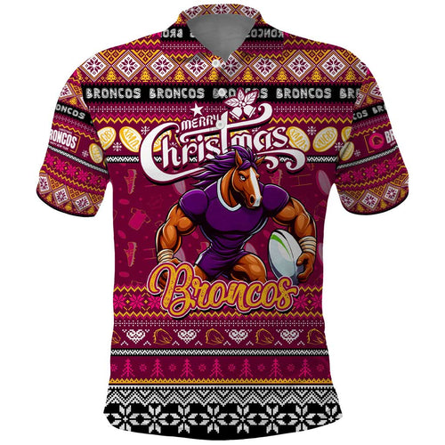 Personalized Broncos Rugby Xmas Polo Shirt Australia NRL Mascot