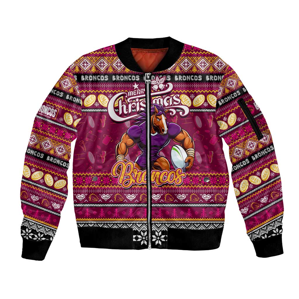 Personalized Broncos Rugby Xmas Sleeve Zip Bomber Jacket Australia NRL Mascot