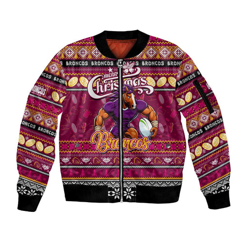 Personalized Broncos Rugby Xmas Sleeve Zip Bomber Jacket Australia NRL Mascot