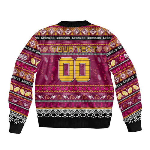 Personalized Broncos Rugby Xmas Sleeve Zip Bomber Jacket Australia NRL Mascot