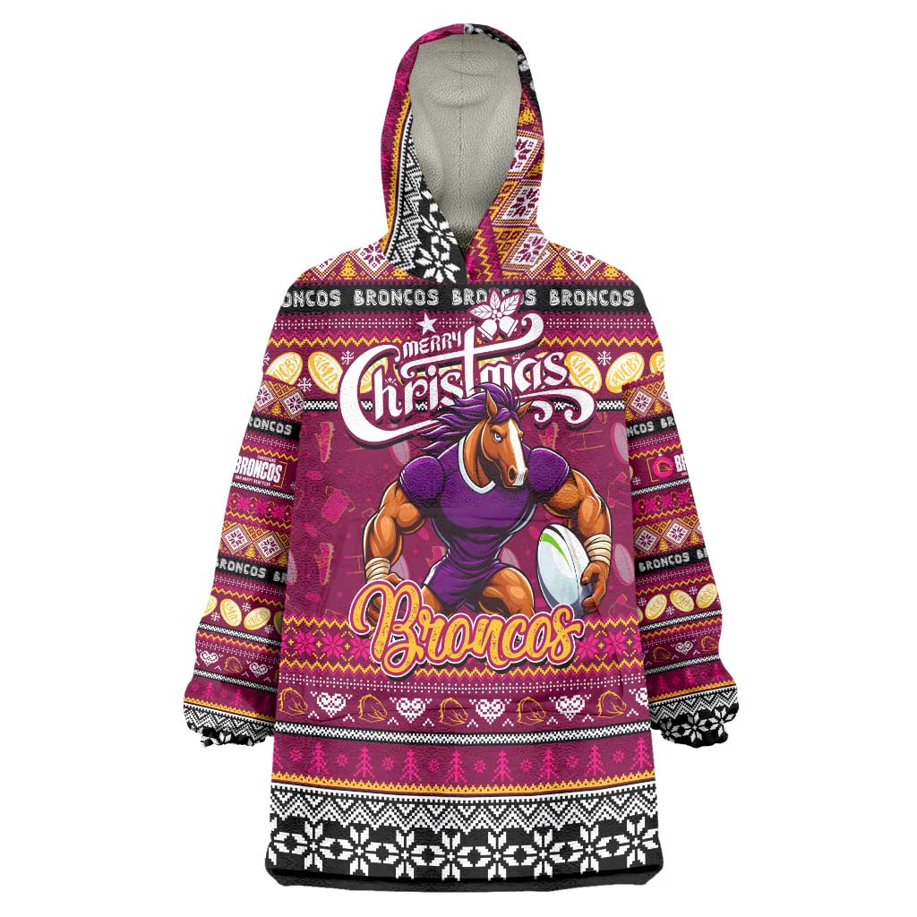 Personalized Broncos Rugby Xmas Wearable Blanket Hoodie Australia NRL Mascot