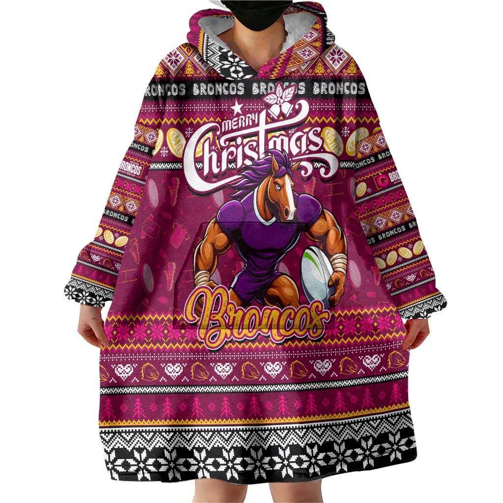 Personalized Broncos Rugby Xmas Wearable Blanket Hoodie Australia NRL Mascot